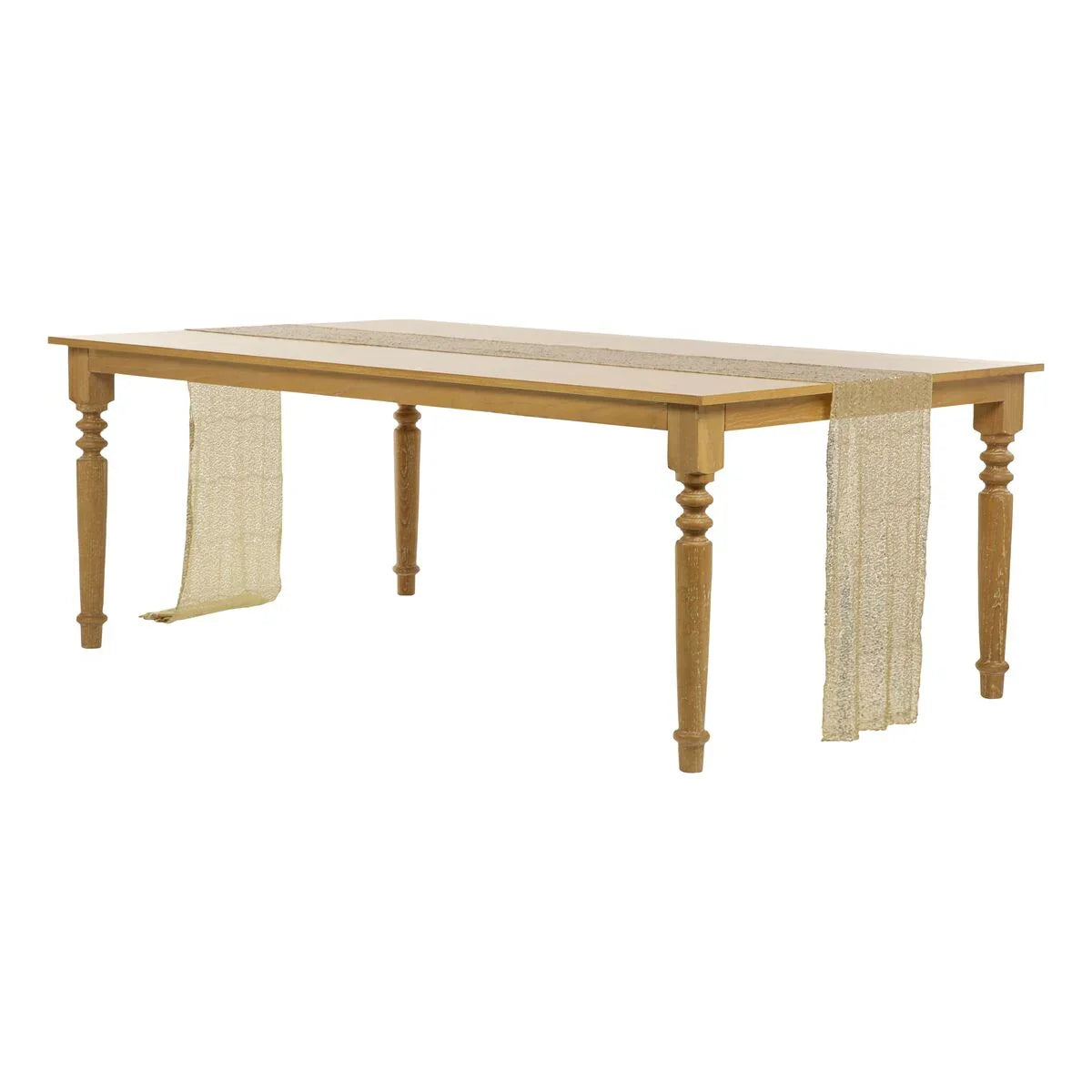 Sequin table runner on a wooden table, showcasing shimmering sequins ideal for elegant, glamorous tabletop decor at special events.