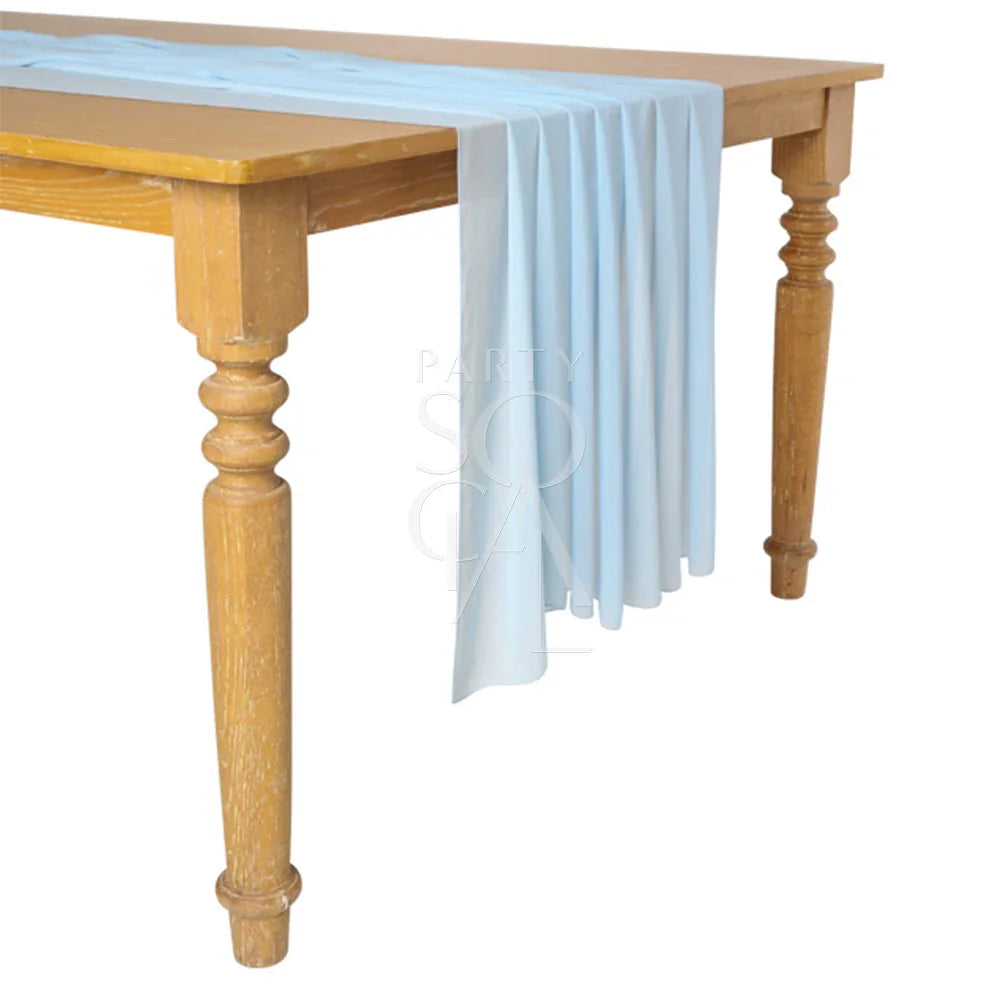 Chiffon Table Runners elegantly drape a table, ideal for enhancing glamorous tabletops at weddings and special events with versatile color options.