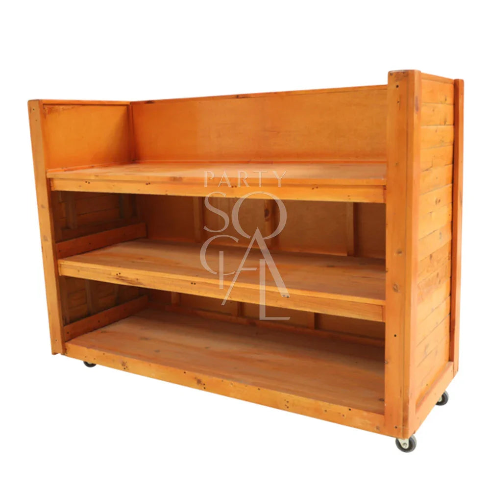 Rustic DJ booth on wheels, wooden construction, complements rustic tables and benches, suitable for garden or home setup, dimensions 180cm L x 70cm W x 120cm H.