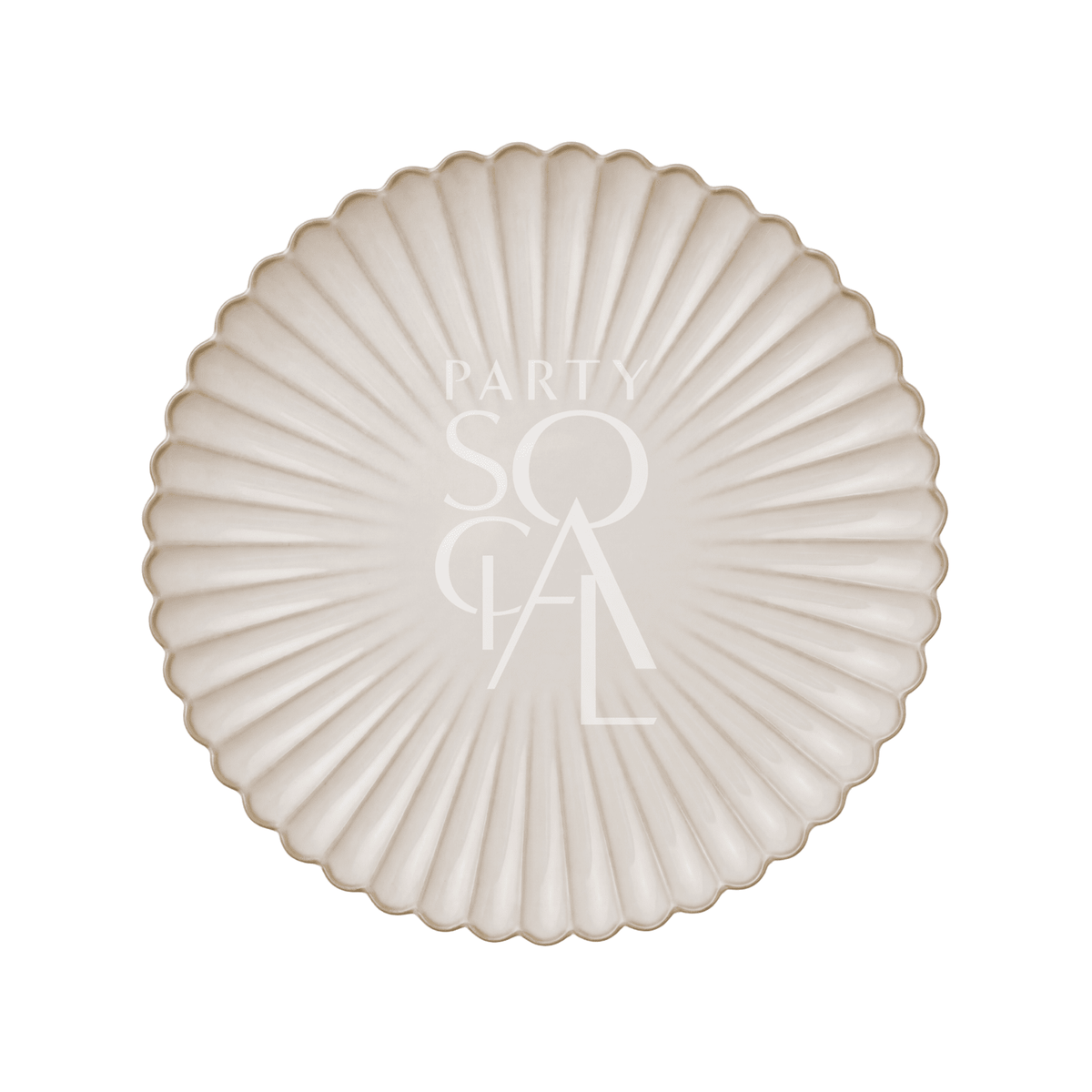 SCALLOPED LIKE PLATES: Ivory-cream round charger with scalloped edges and gold trim, featuring fluted texture and central PARTY SOCIAL text, ideal for elegant event dining.