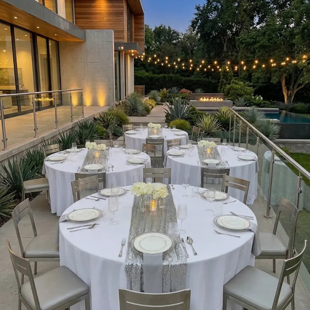 Sequin Table Runners enhance elegant table settings with silver-sequined runners at an outdoor event, creating a chic, intimate dining atmosphere with stylish metallic accents.