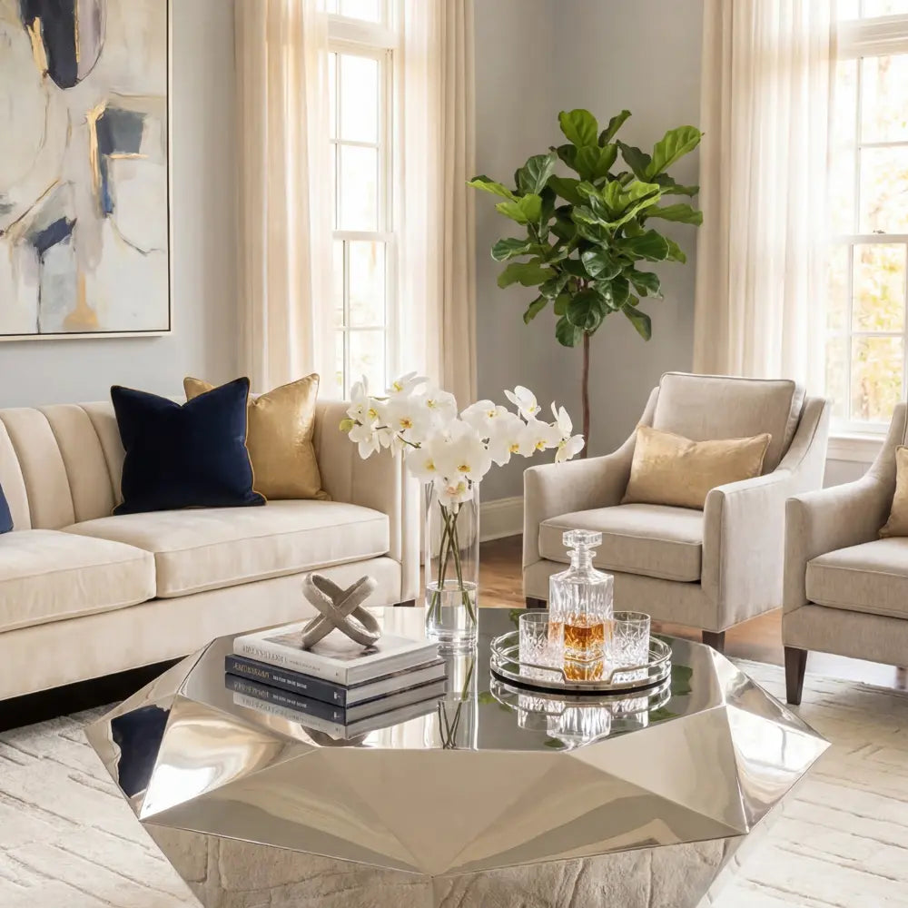 Mirrored silver coffee table adorned with orchids, books, and crystal decanter, set in a stylish living room with cream sofa and abstract art.