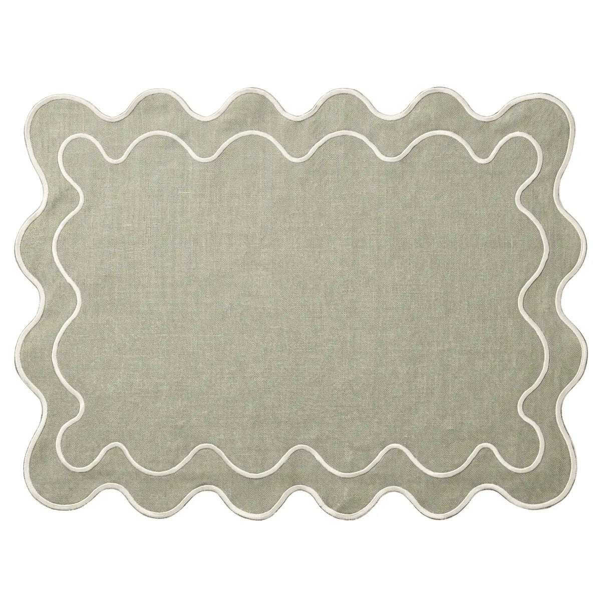 A rectangular area rug with a scalloped wavy border, shown flat against a solid white background. The rug features a textured sage green center with a thin white embroidered border.