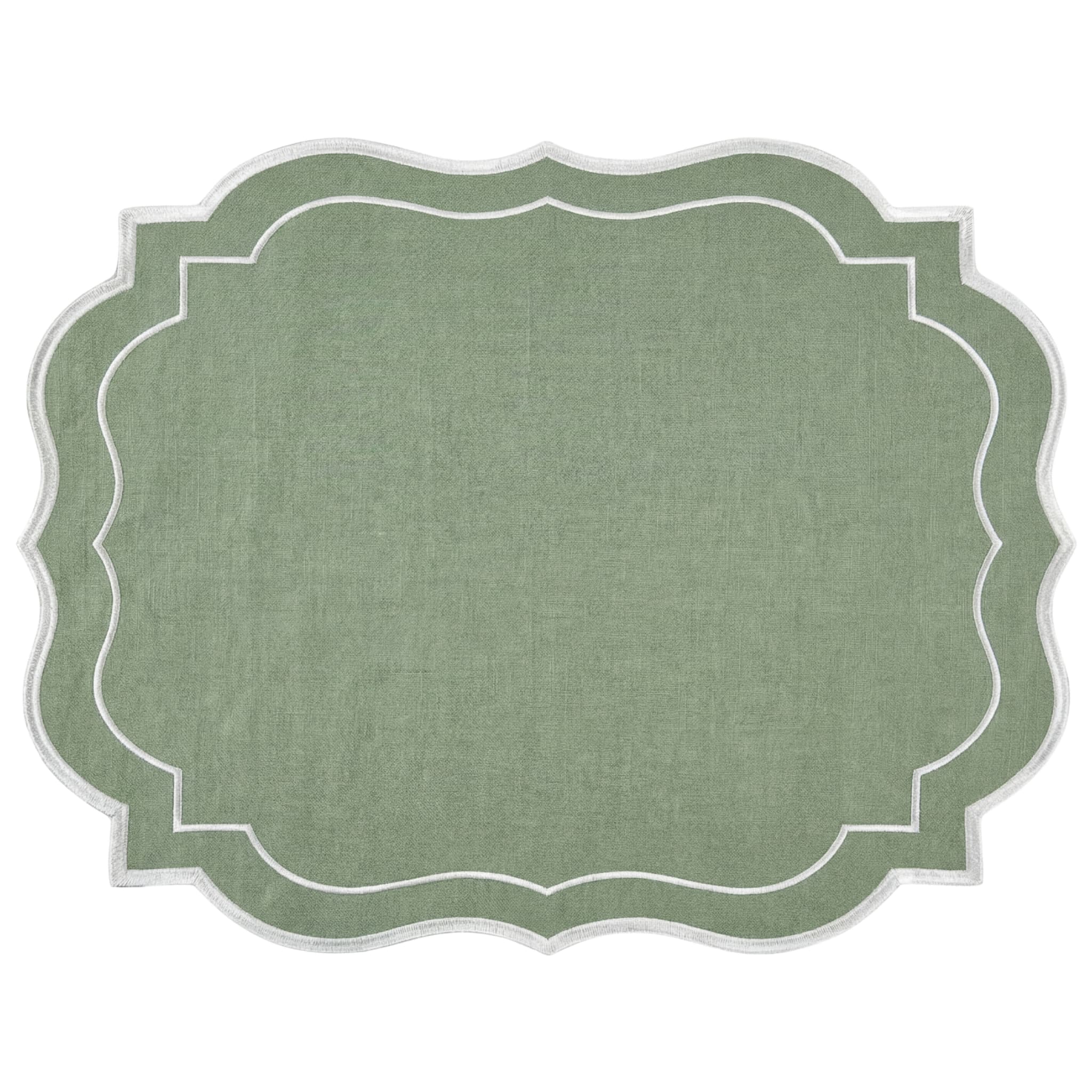 Sage Green Scalloped Linen Placemat with white-stitched border, showcasing elegant scalloped edges. Perfect for enhancing table settings, sold as a set of four.