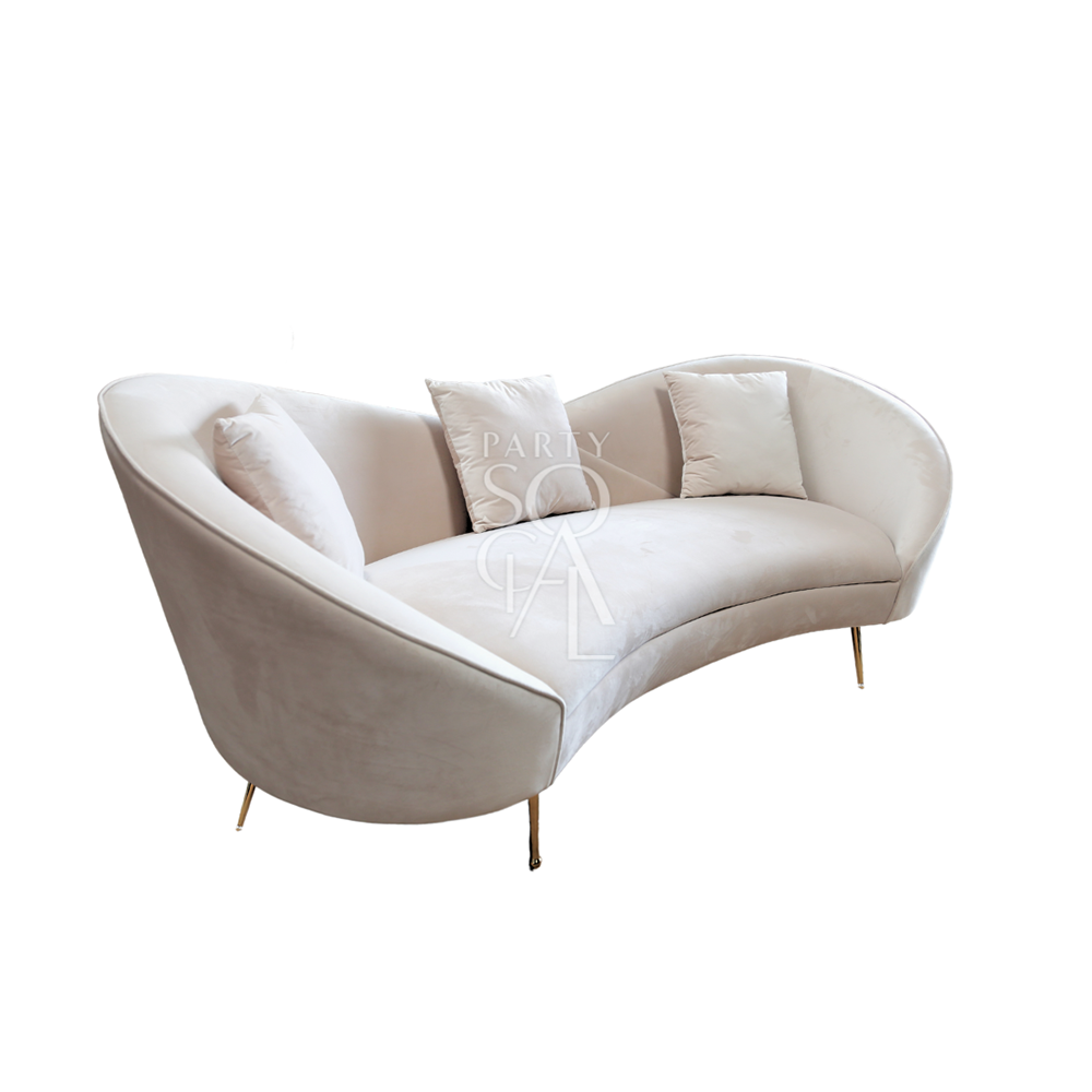 KOSHA SAND VELVET SOFA with pillows, modern velvet design, wooden tapered legs, suitable for lounge seating.