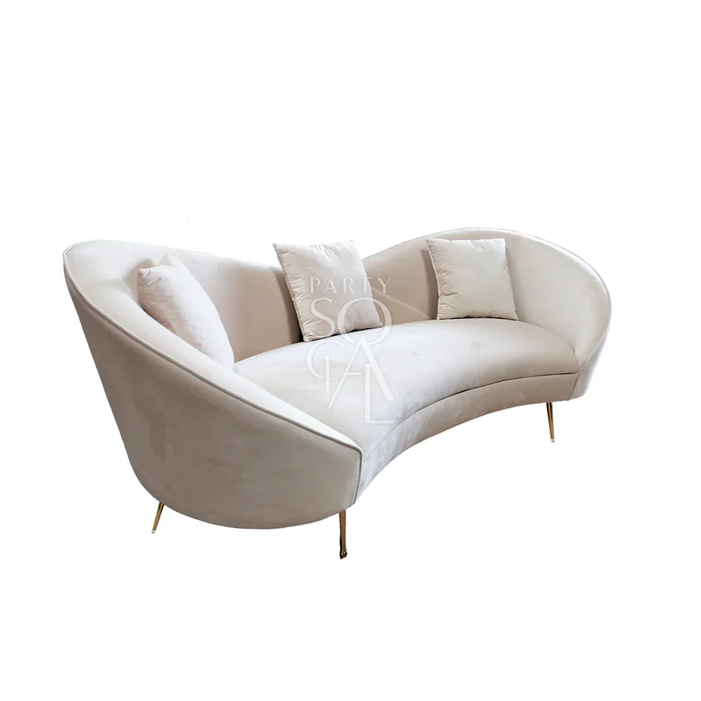 KOSHA SAND VELVET SOFA with pillows, modern velvet design, wooden tapered legs, suitable for lounge seating.