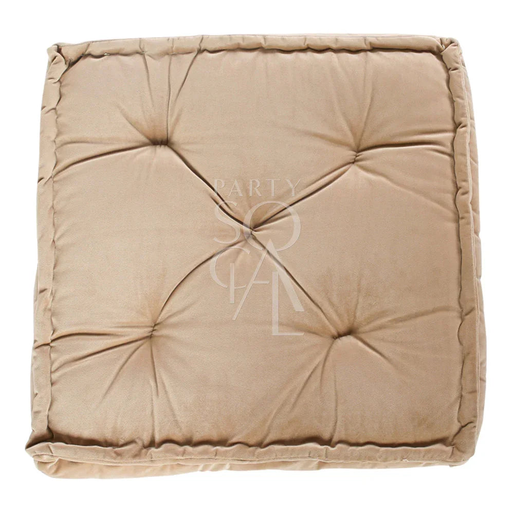 FLOOR CUSHION VELVET: A square, premium velvet floor cushion cover with a buttoned edge, ideal for adding comfort to any party or event setting.