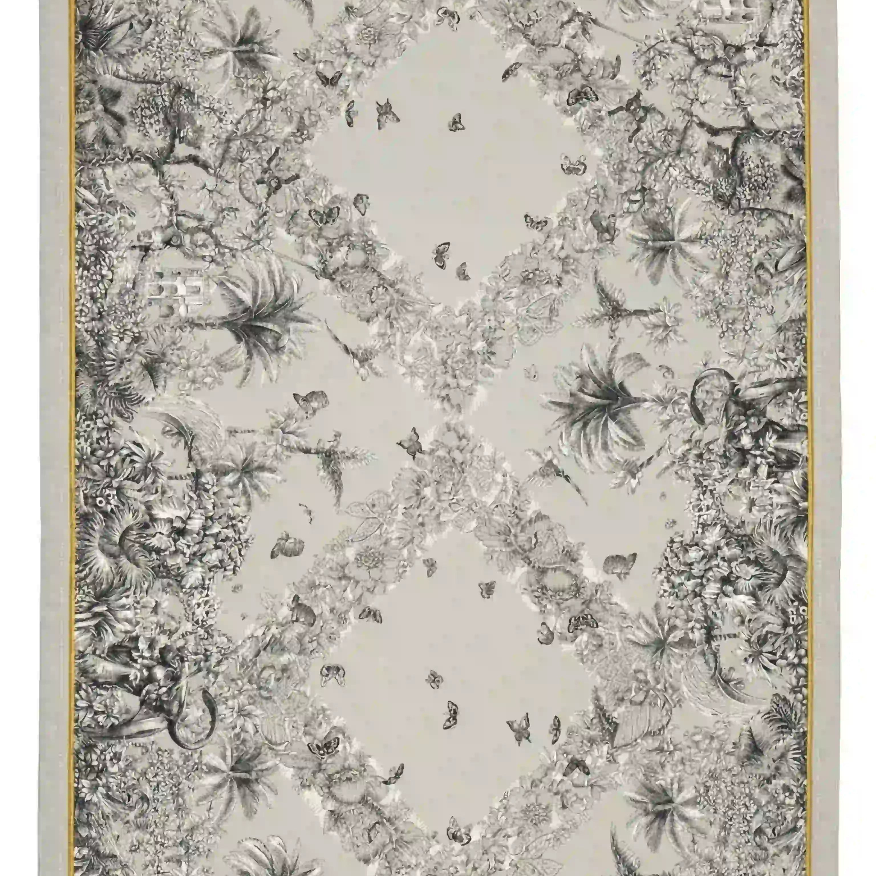 Savannah Toile Linen Tablecloth featuring intricate gray toile design with floral diamonds, butterflies, and a tropical border with wildlife, ideal for elegant dining settings.