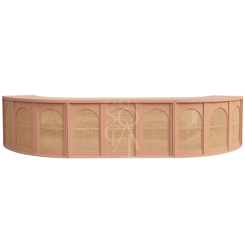 Semi-Wooden Rattan Bar Unit with curved design and woven cane panels, ideal for elegant party settings and professional drink service.