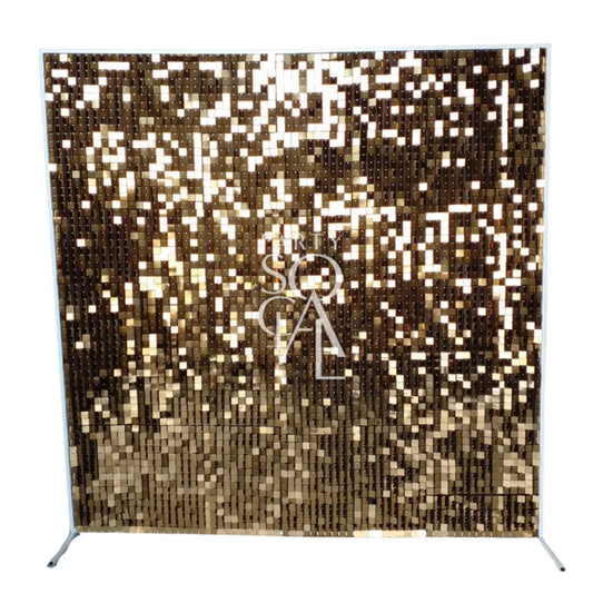 Golden Shimmer Celebration Wall with reflective sequin tiles, perfect for events. Ideal for weddings, birthdays, or parties. Complements floral and balloon decorations.