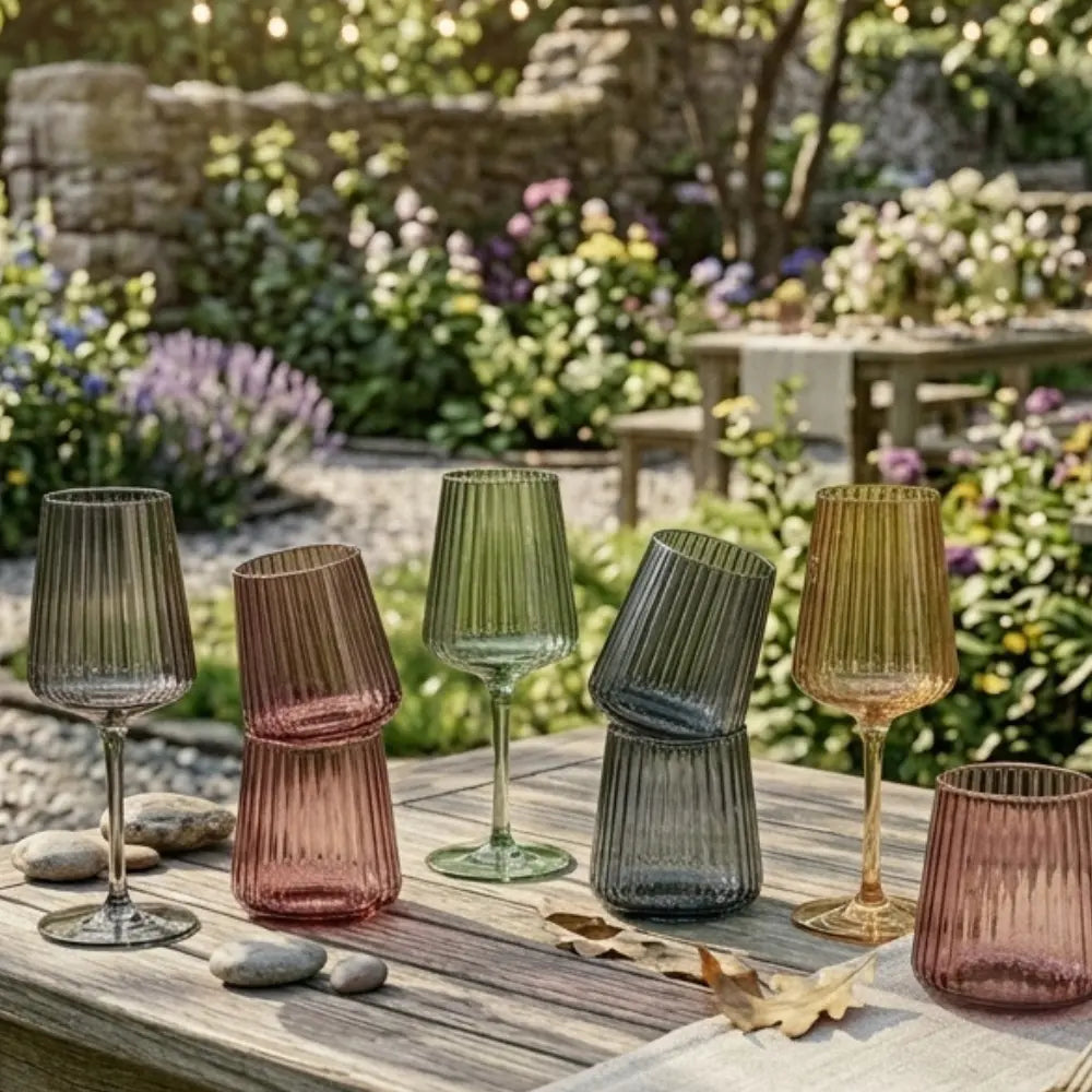 Set of colorful glassware on a wooden table with a garden background