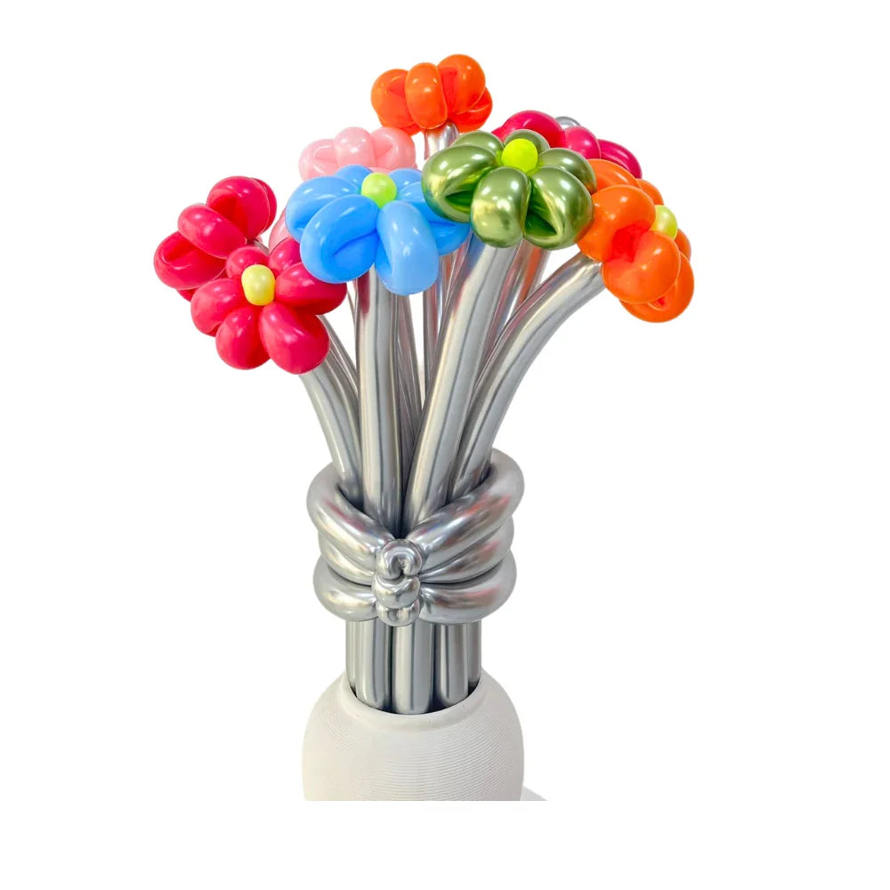 Silver Stemmed Flower Bunch featuring a vase adorned with colorful balloons arranged in a flower shape, perfect for adding a festive touch to any event.