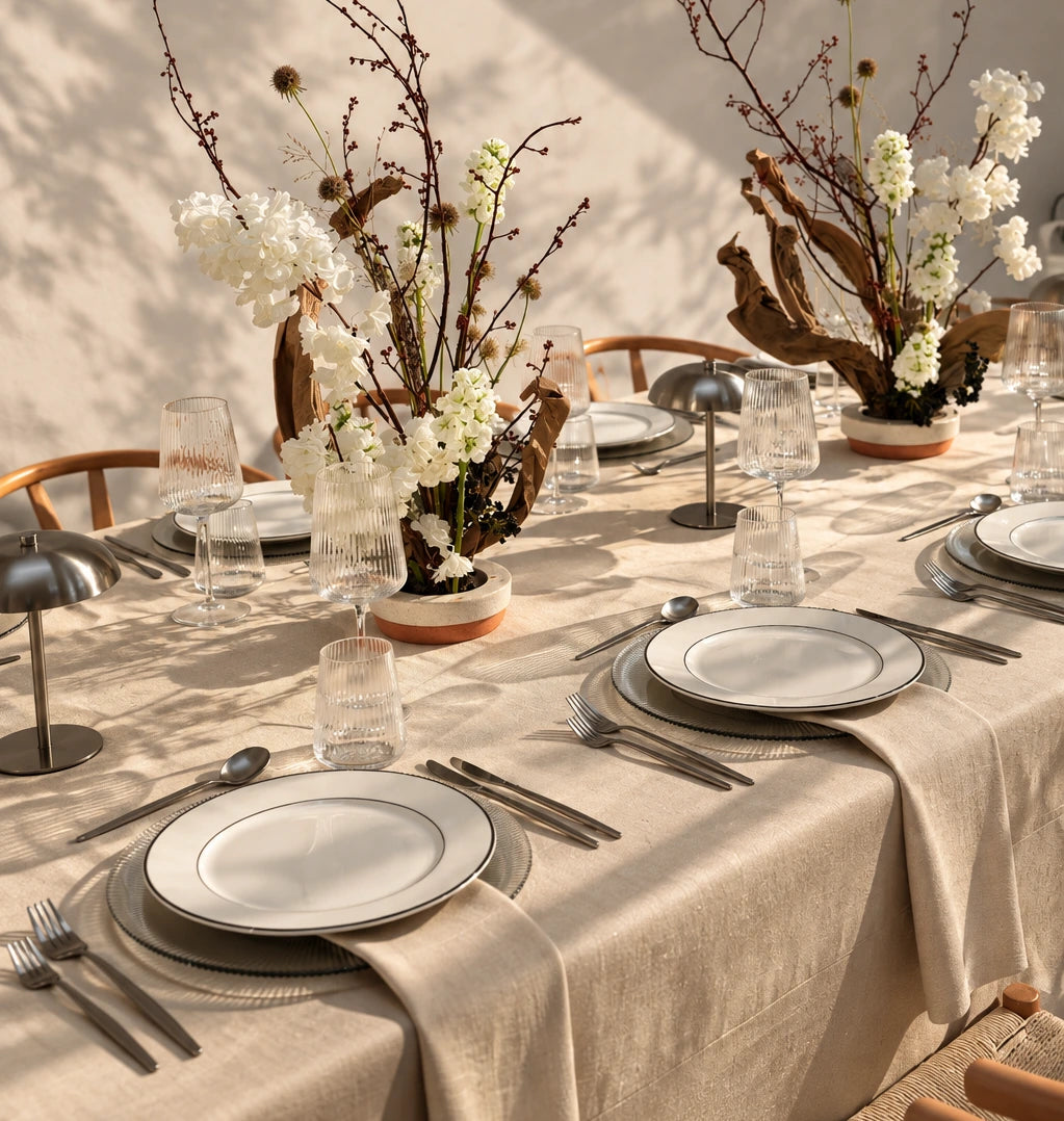 A styled dining table set with a beige linen tablecloth, white plates with gray rims, silver flatware, clear glassware, and rustic floral centerpieces with branches and white flowers in a warm indoor setting.