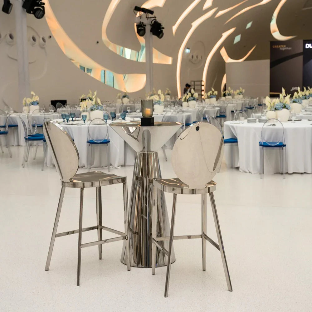 BAR STOOL SILVER with mirrored design, elegantly styled for event settings, available from Party Social. Ideal for enhancing any special occasion&