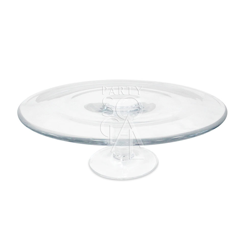 CAKE STAND - CLEAR SIMPLE GLASS: Elegant, round glass cake stand, ideal for showcasing cakes or as a centerpiece for events. Dimensions: 11cm H x 32cm Dia.