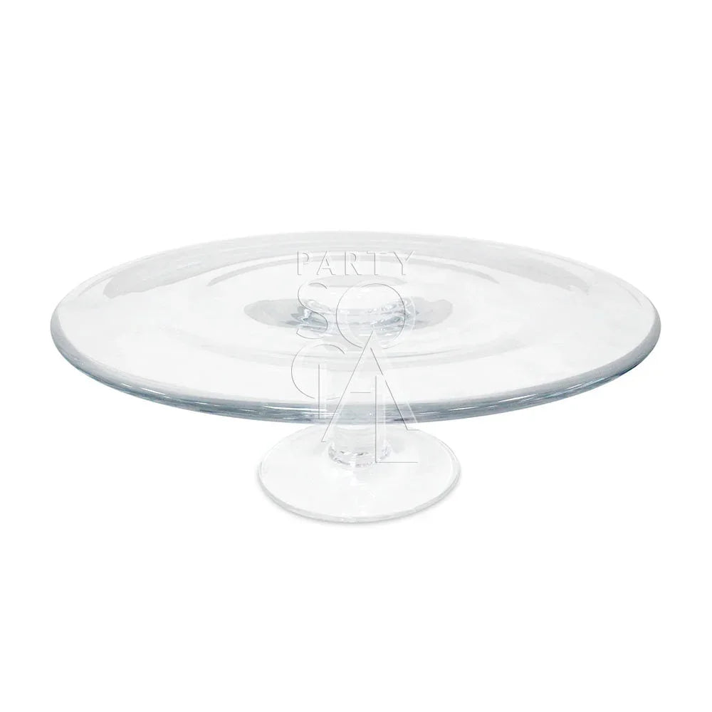 CAKE STAND - CLEAR SIMPLE GLASS: Elegant, round glass cake stand, ideal for showcasing cakes or as a centerpiece for events. Dimensions: 11cm H x 32cm Dia.