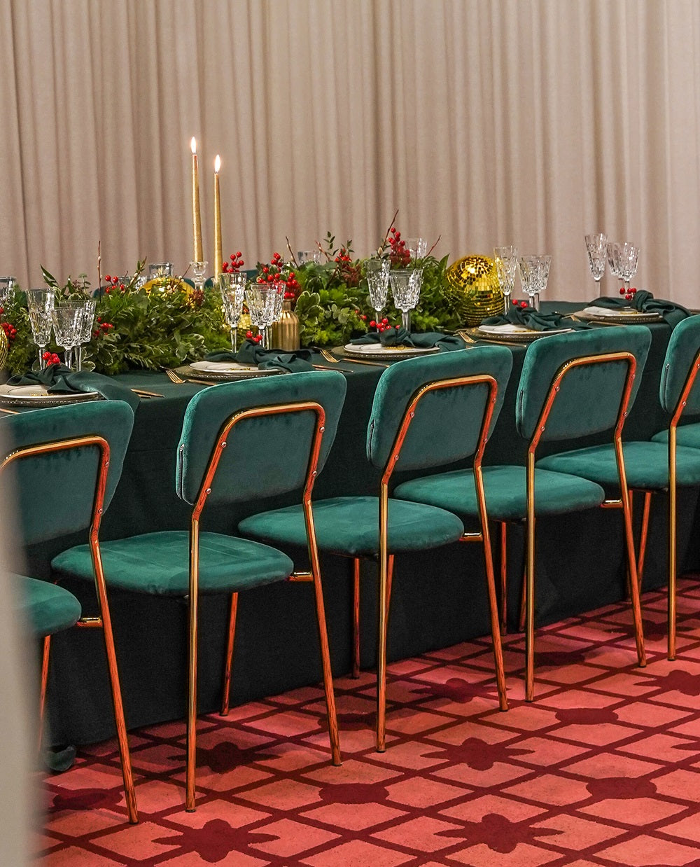 SIMPLE VELVET CHAIRS with elegant gold legs, perfect for weddings and events, displayed around a table with candles and glassware.