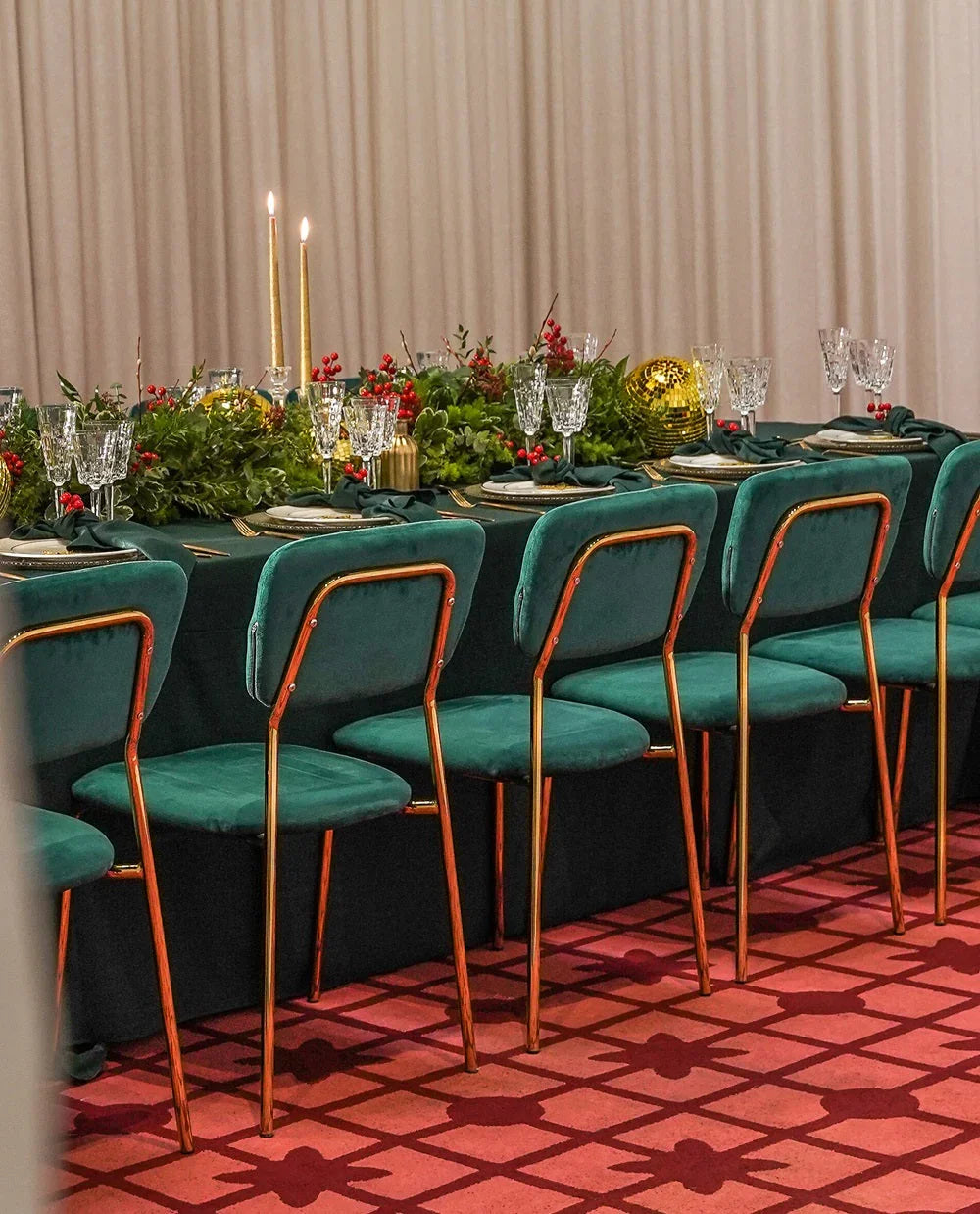 SIMPLE VELVET CHAIRS with elegant gold legs, perfect for weddings and events, displayed around a table with candles and glassware.