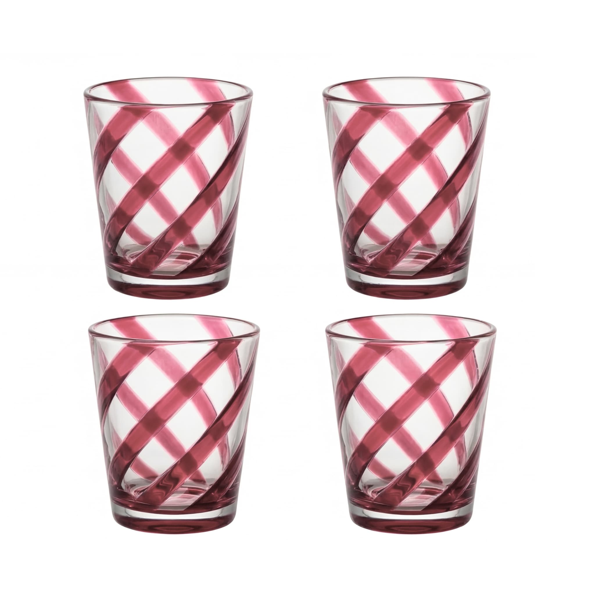 Four plastic tumblers with red and white spiral pattern on a white background