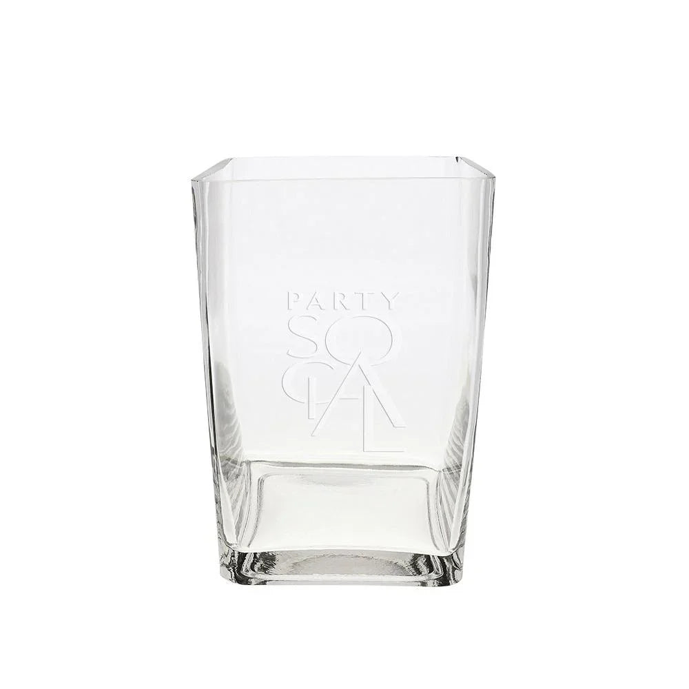 Square glass vase with a logo, ideal for events, suitable for flowers or candles, enhancing any table setting with timeless elegance.