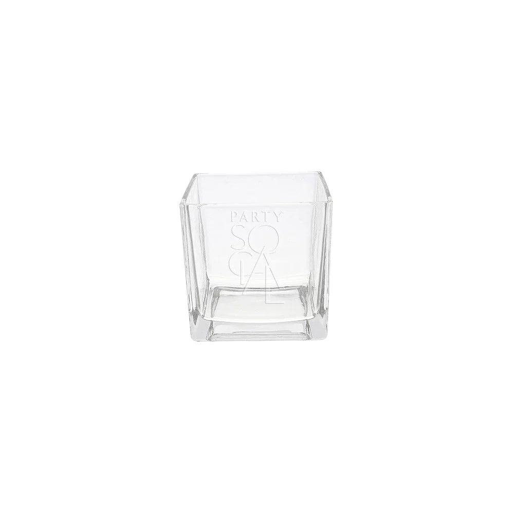 Square glass vase with a sleek design, ideal for event decor at Party Social. Perfect for flowers or candles; available in various sizes.