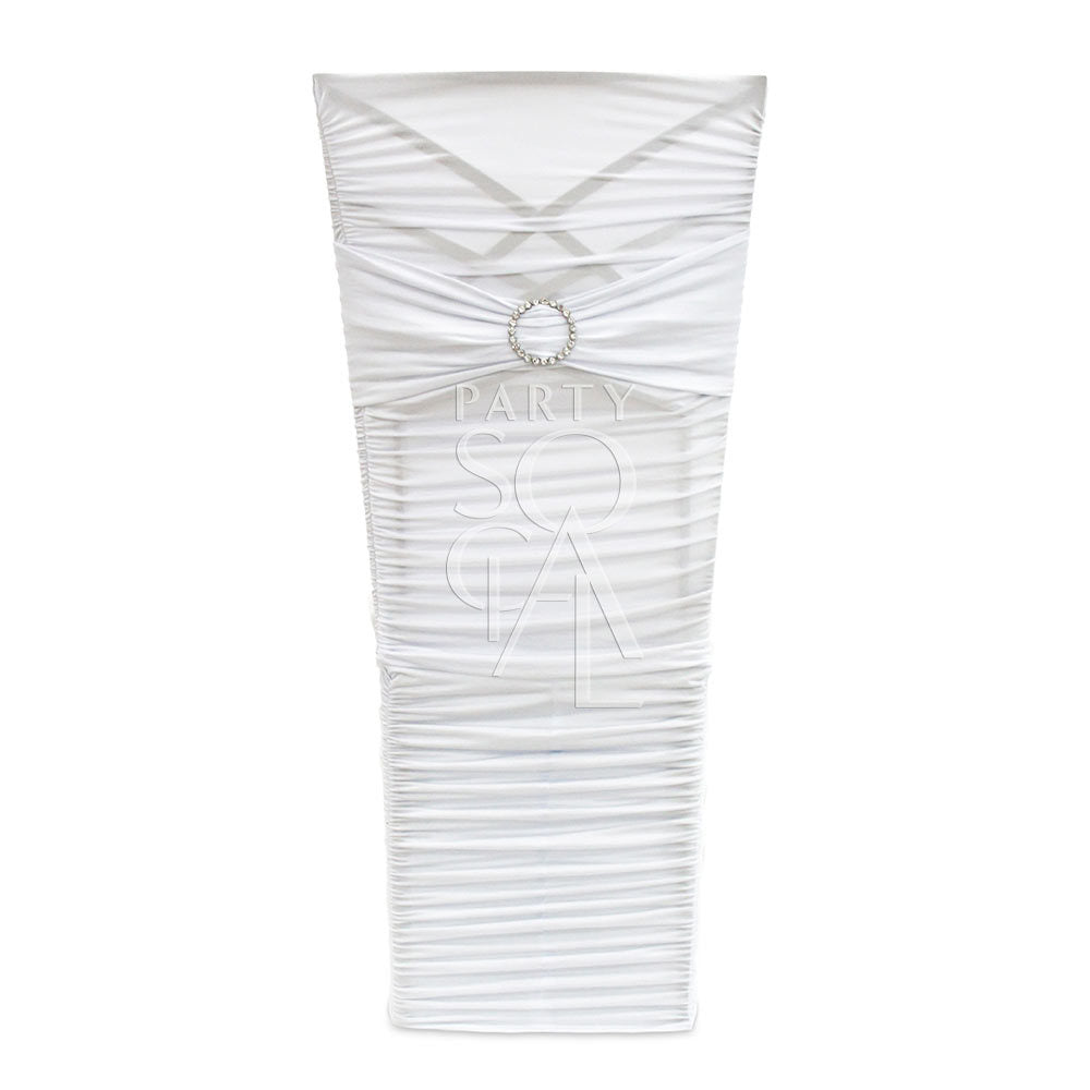 White stretch chair cover for Chameleon chair, featuring an optional diamante clasp, ideal for elegant event decor.