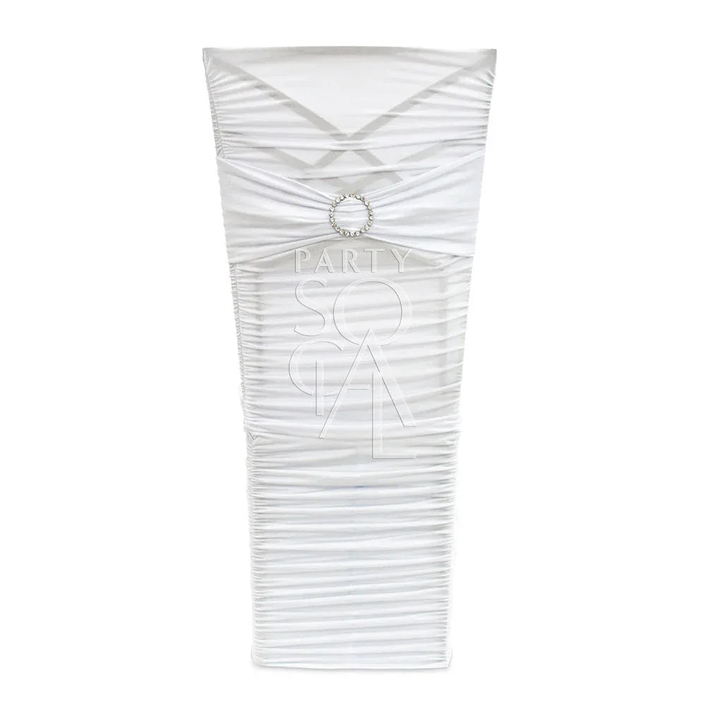 White stretch chair cover for Chameleon chair, featuring an optional diamante clasp, ideal for elegant event decor.