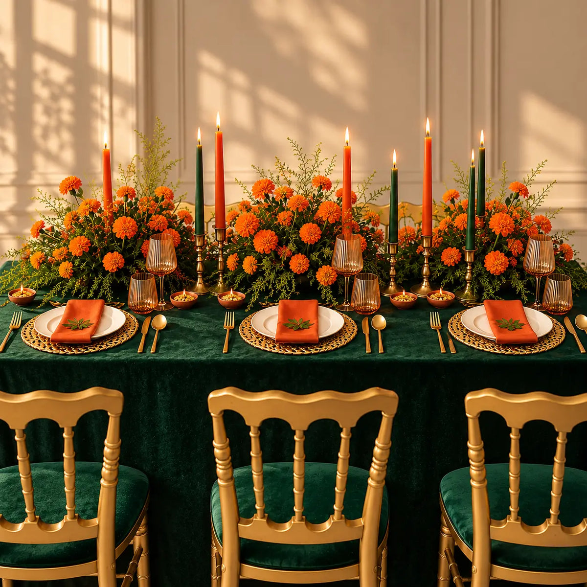 A styled dining table setup with a deep green tablecloth, gold chairs, orange marigold floral arrangements, lit taper candles, and place settings with orange napkins on a cream wall background.