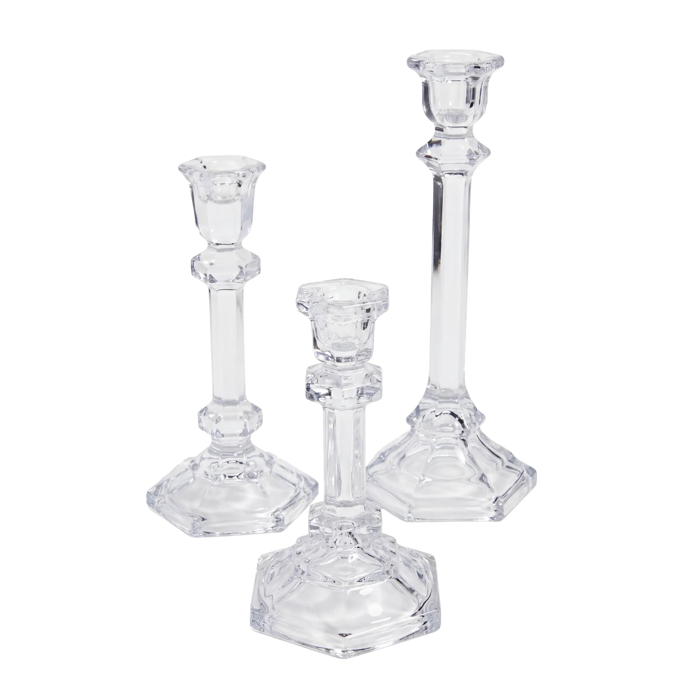 TAPERED GLASS CANDLESTICKS SET OF 3 with faceted stems and hexagonal bases, perfect for elevating any premium event decor.