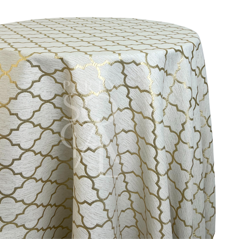 Golden Trellis Round Tablecloth featuring a gold trellis pattern on a cream base, ideal for elevating event decor with a blend of classic and contemporary style.