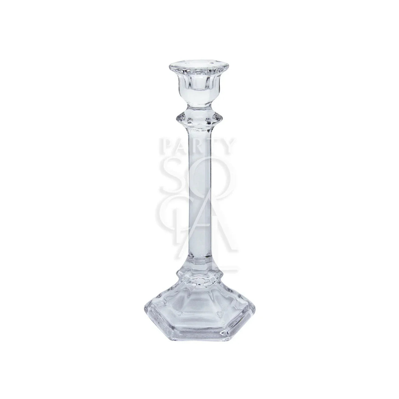 TAPERED GLASS CANDLESTICKS SET OF 3, elegant clear glass holders, perfect for events, available in small, medium, and large sizes, complementing any crystal, silver, or gold decor.