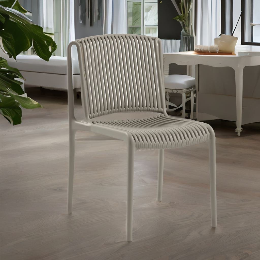 LINED TAUPE CHAIR in a room setting, showcasing its modern plastic design, ideal for weddings and corporate events.