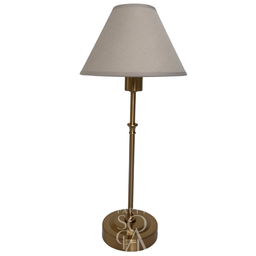 Taupe with Gold Base Wireless Lamp featuring a white shade, perfect for elevating event settings with its cordless design and stylish brass accents.