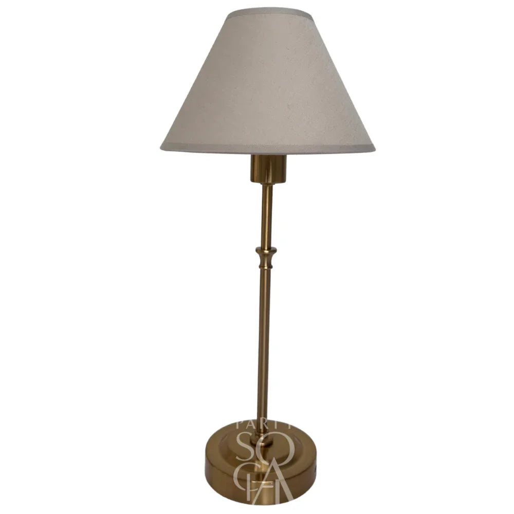 Taupe with Gold Base Wireless Lamp featuring a white shade, perfect for elevating event settings with its cordless design and stylish brass accents.