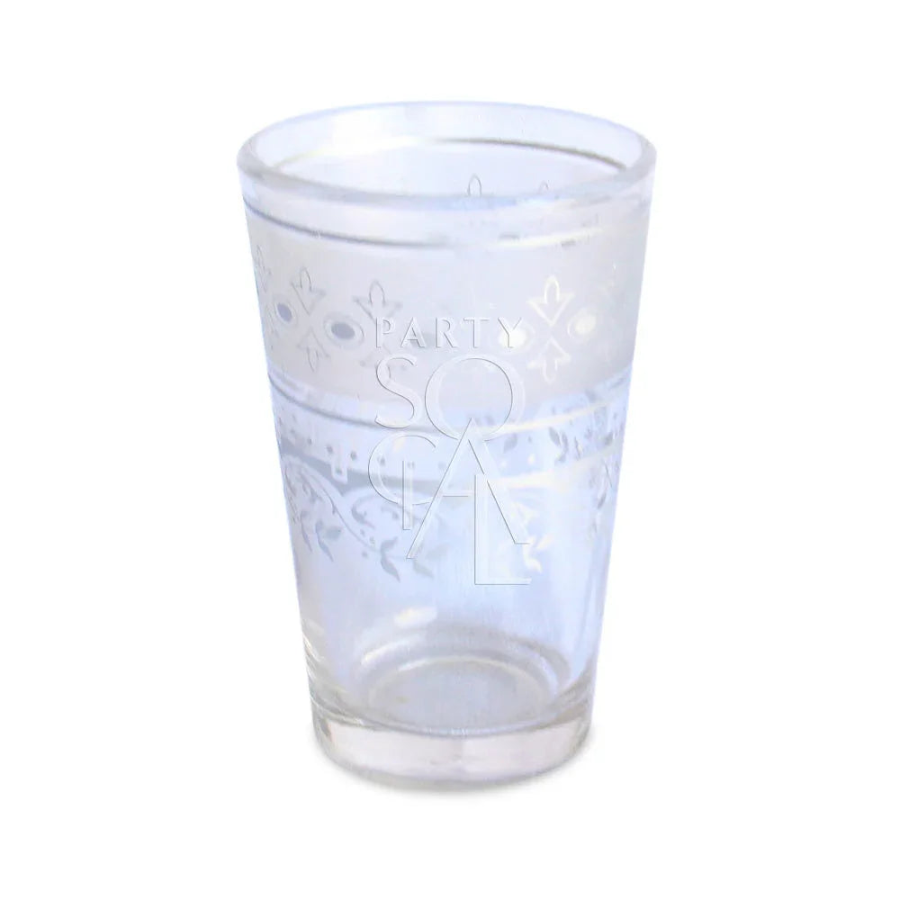 Moroccan tea glass with frosted and platinum design, featuring a close-up of intricate patterns, ideal for elegant party settings.