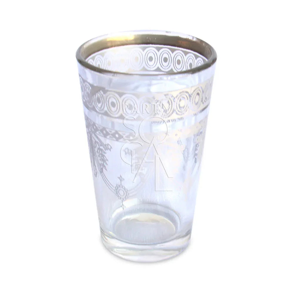 MOROCCAN TEA GLASSES: Frosted glass with platinum design, ideal for elegant event settings. Measures 8.5cm height by 5.2cm diameter, perfect for parties.