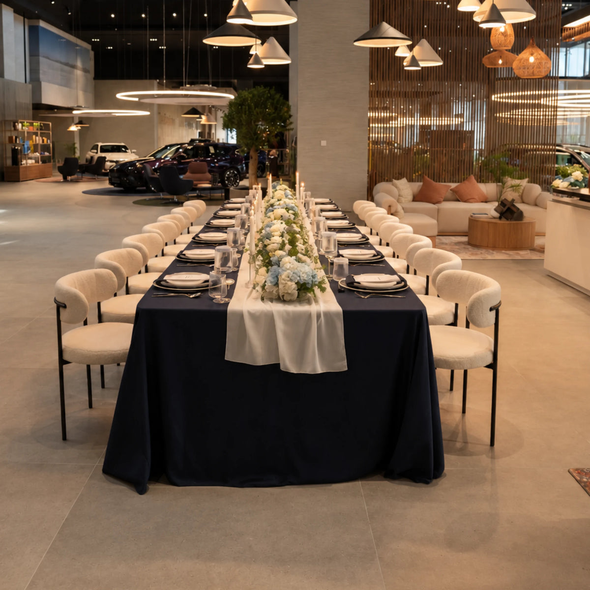 A long rectangular dining table set in a showroom or event space, covered with a dark navy tablecloth and a white runner, surrounded by white upholstered chairs. The table is fully set with plates, glasses, and a floral centerpiece.