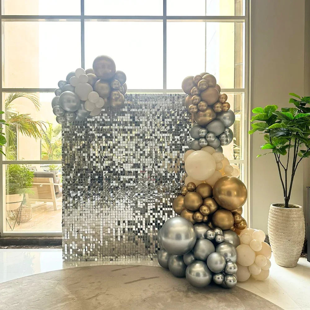 Mini Sequin Wall Balloon Backdrop featuring silver and gold balloons, ideal for events like weddings or parties, with a personalized touch and optional LED Neon Sign.