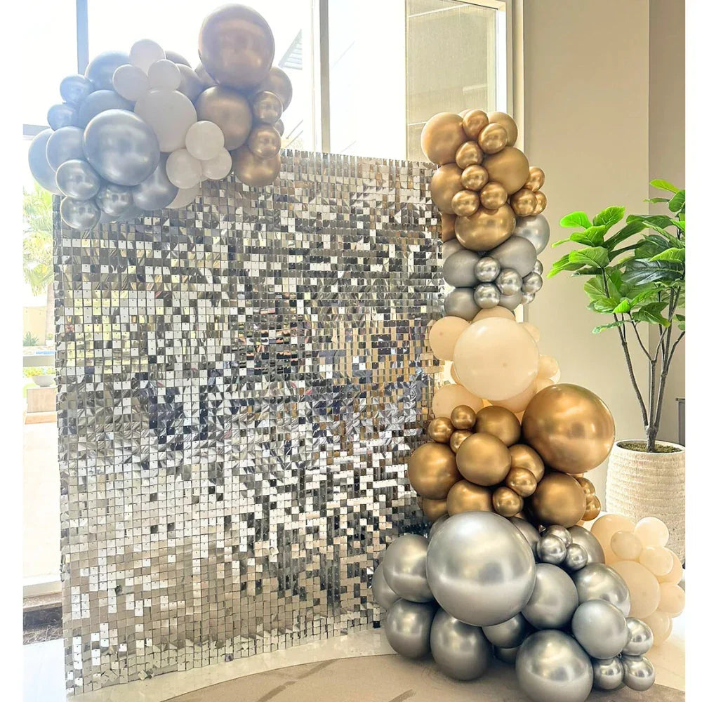 Mini Sequin Wall Balloon Backdrop featuring silver and gold balloons, ideal for various events. Personalization options available with LED Neon Sign and balloon colors.