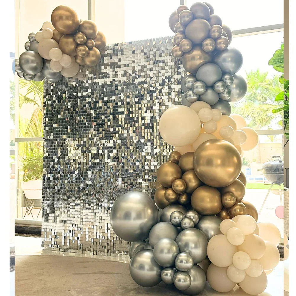 Mini Sequin Wall Balloon Backdrop featuring elegant silver sequins and balloon decorations, ideal for enhancing weddings, birthdays, and special events with a touch of sophistication.