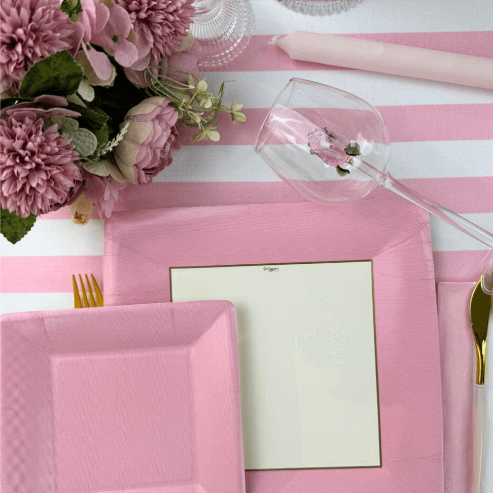Paper dinner plates in light pink, designed like fine porcelain, perfect for elegant table settings. Features floral design with a bouquet of flowers. Ideal for weddings, parties, and special occasions. From Party Social.