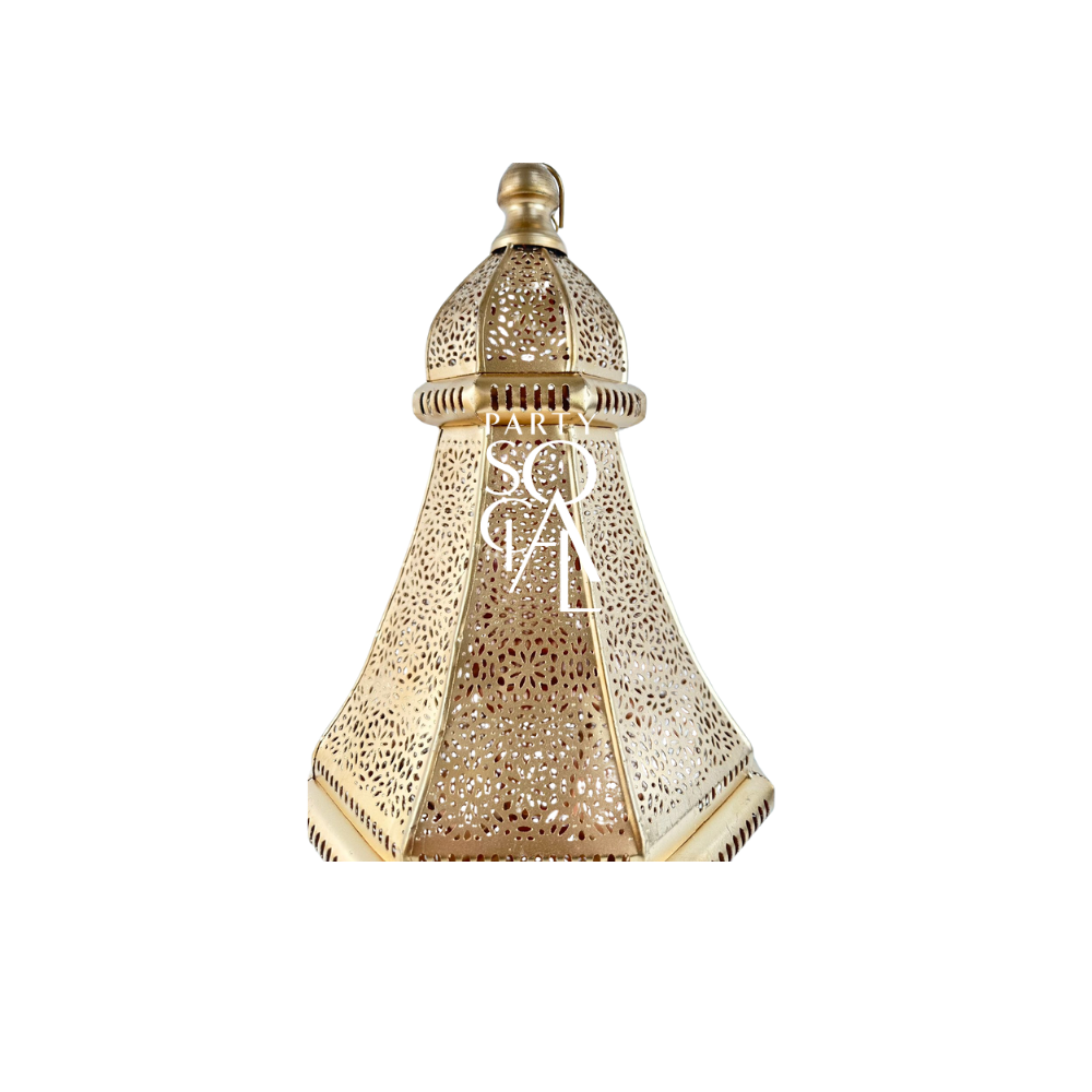 Cone Moroccan Hanging Pendant, a gold metal lantern with a dome, ideal for adding ambient lighting with a candle, perfect for party and event settings.