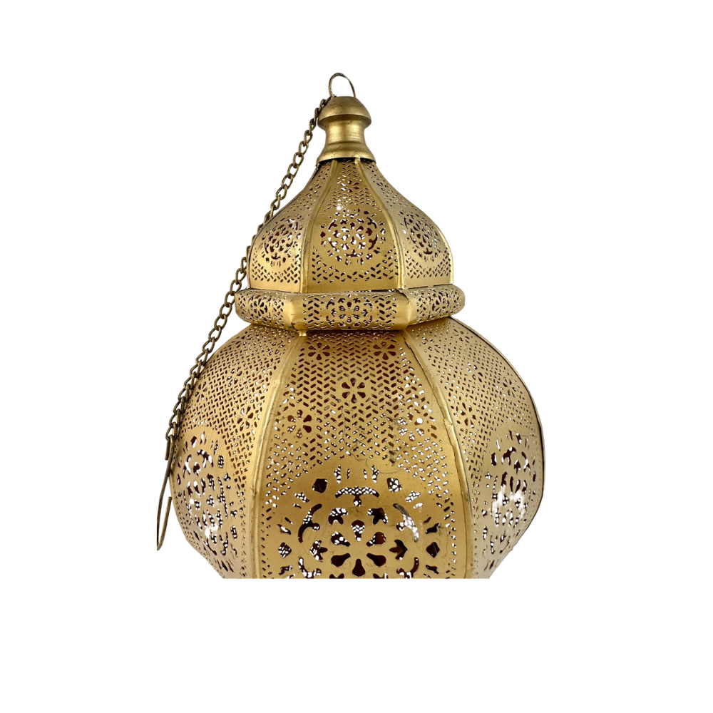 Round Moroccan Hanging Pendant with intricate gold designs, ideal for event decor. Features a chain for hanging and needs a candle for lighting.