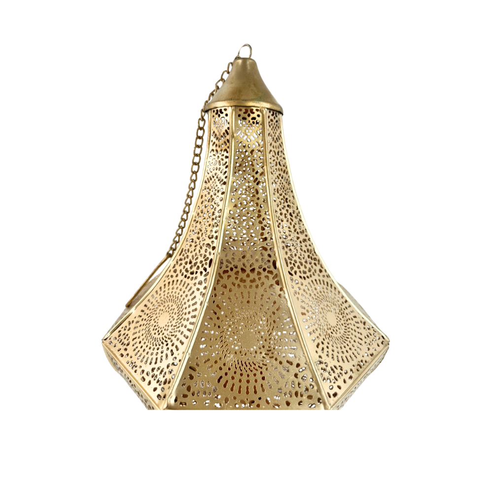 Pinnacle Hanging Pendant, a Moroccan-style gold lantern with a chain, designed for candle placement, ideal for enhancing event ambiance.