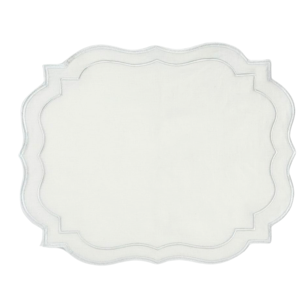 Scalloped Linen Placemats - 4 per pack, premium flax linen with elegant silver border, perfect for enhancing special table setups.