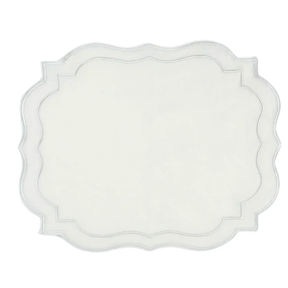 Scalloped Linen Placemats - 4 per pack, premium flax linen with elegant silver border, perfect for enhancing special table setups.