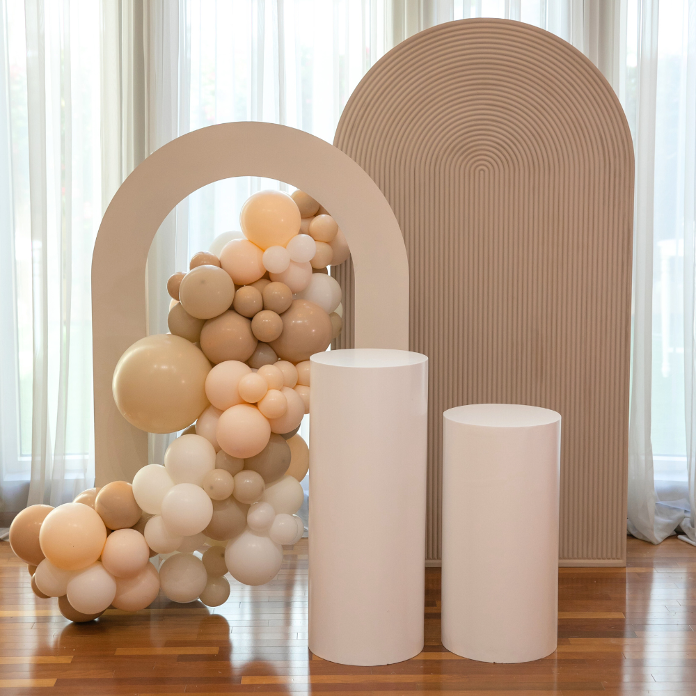 Boho & Woods Backdrop with vibrant balloons and decorative elements, perfect for enhancing party settings with a customizable, themed aesthetic.