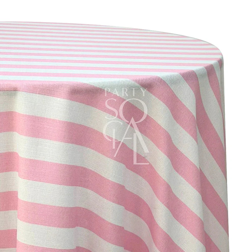 SMALL STRIPES ROUND TABLECLOTH with pink and white stripes, ideal for enhancing dining setups, available for pre-order at Party Social.