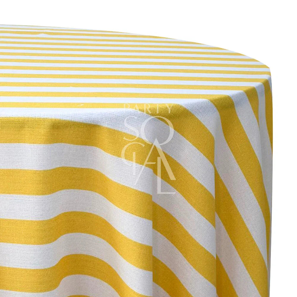 SMALL STRIPES ROUND TABLECLOTH with yellow and white stripes, ideal for enhancing party or event dining setups with a premium polylinen finish.