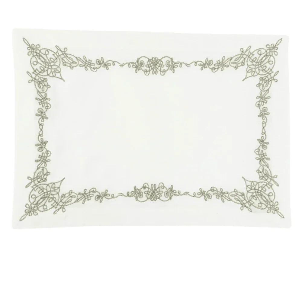 Oriental Pure Linen Placemat, 2 per pack, featuring intricate green embroidery, ideal for enhancing elegant table setups.